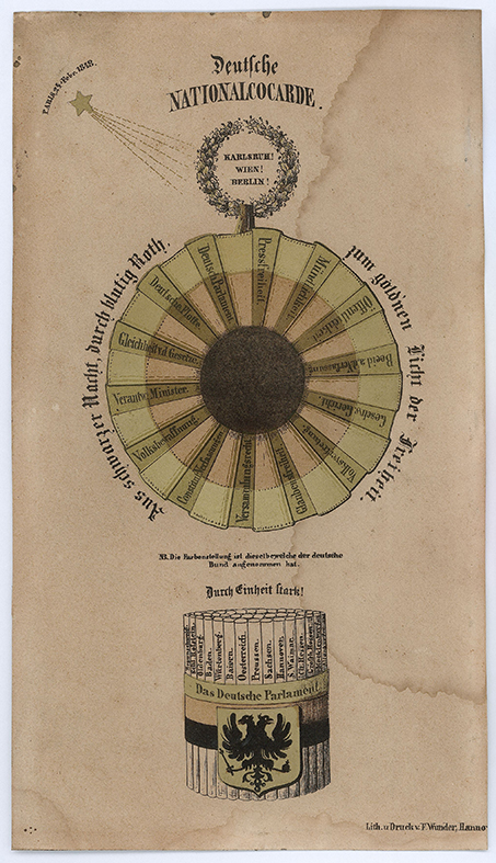 Deutsche Nationalkokarde, lithografiert von Friedrich Wunder, Hannover. Farbdruck in schwarz, rot, gold. 21x12 cm