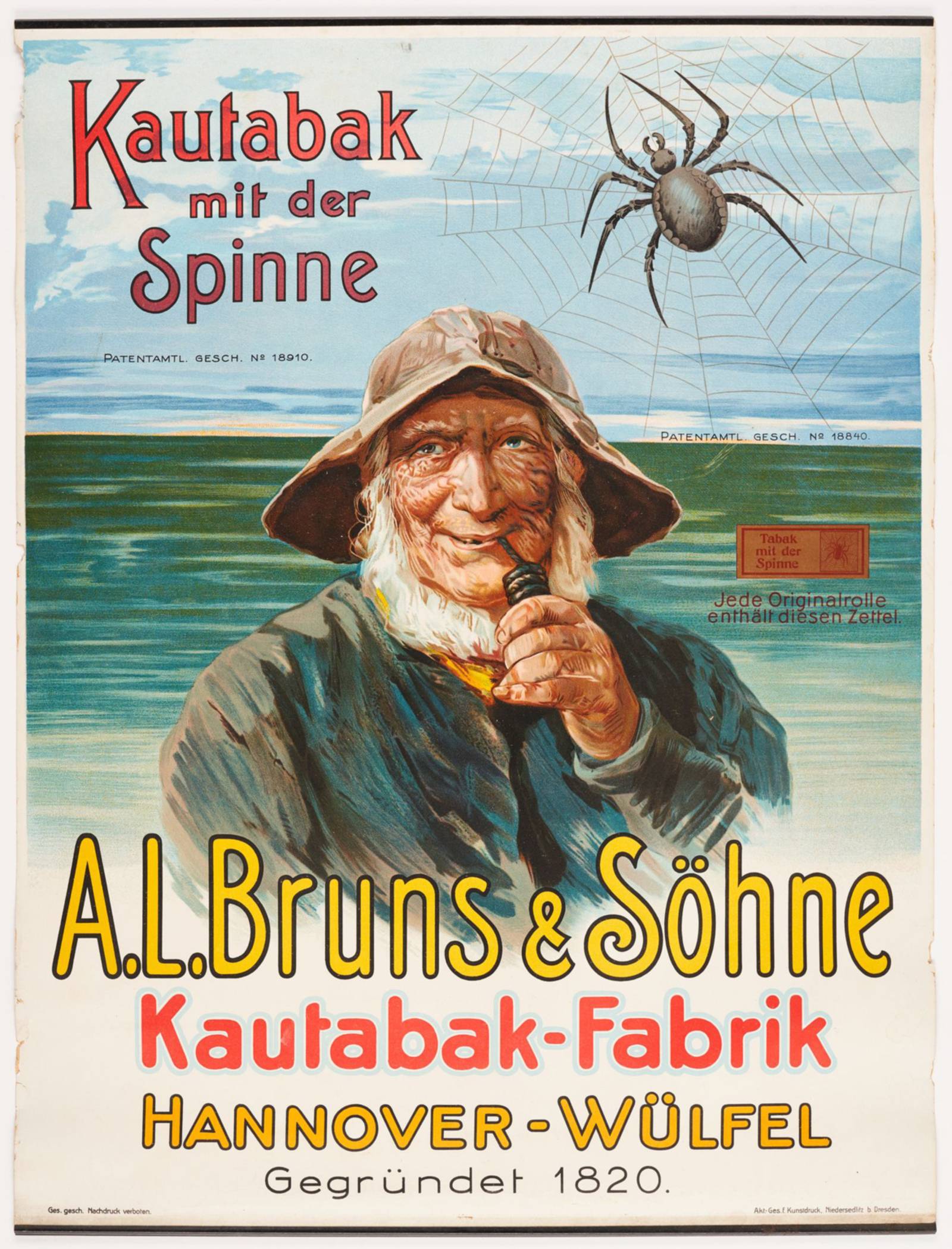 Werbeplakat der Firma A.L. Bruns & S&ouml;hne mit Pfeiferauchendem Seemann vor dem Meer. 
Kautabak mit der Spinne, 1820.