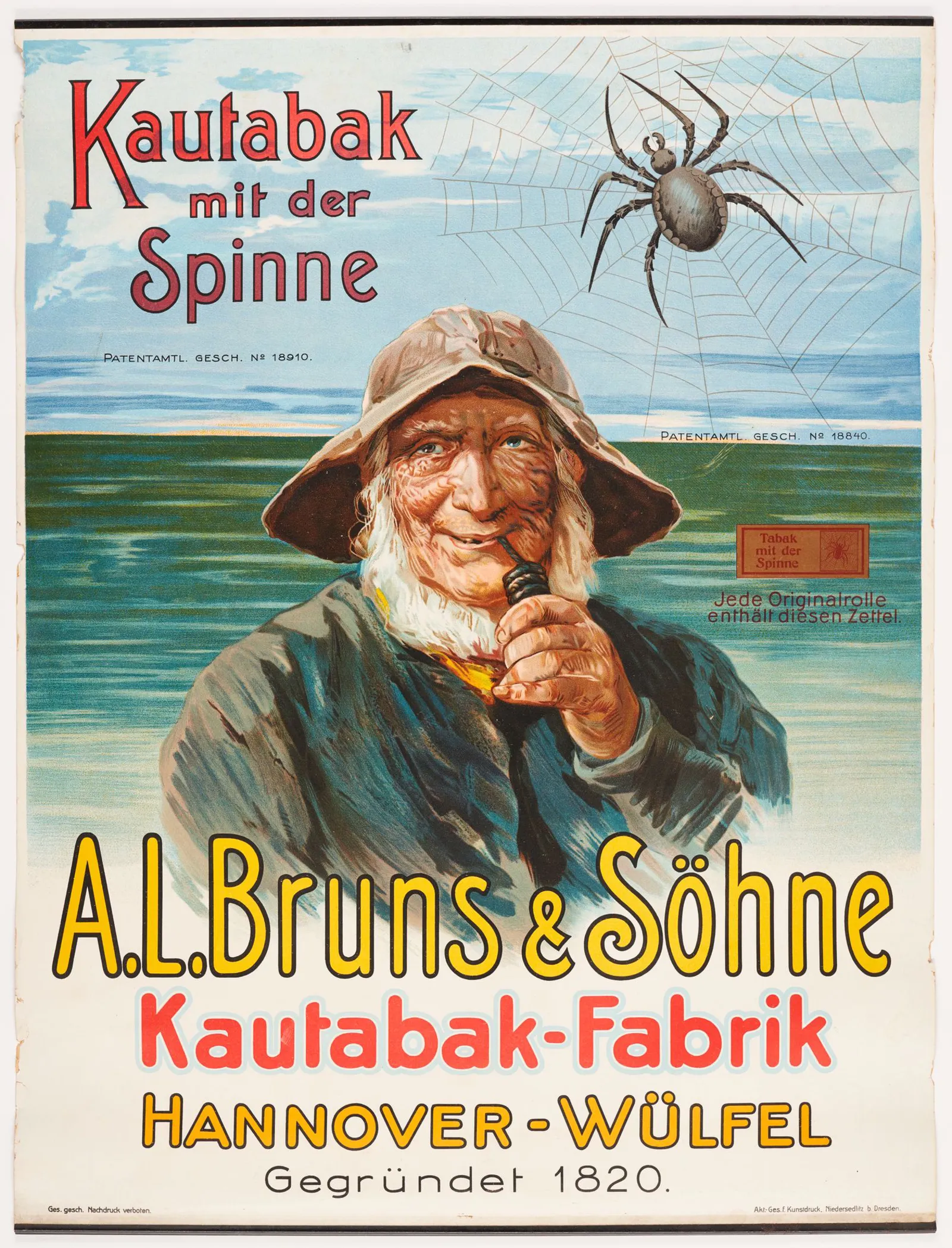 Werbeplakat der Firma A.L. Bruns & S&ouml;hne mit Pfeiferauchendem Seemann vor dem Meer. 
Kautabak mit der Spinne, 1820.