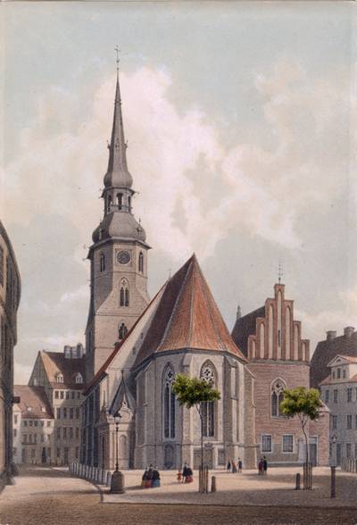 Kreuzkirche, Kolorierte Lithografie von Wilhelm Kretschmer, um 1860