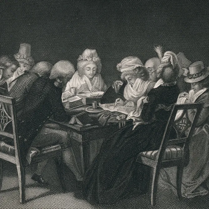 „Abendkreis der Herzogin Amalie“ Abendgesellschaft, einschließlich Goethe (von hinten) und Herder. Um einen Tisch versammelt, beim Zeichnen, Lesen, Sticken etc.