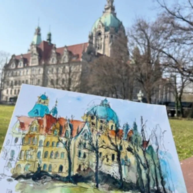 Zeichnung vom Neuen Rathaus, im Hintergrund das Neue Rathaus
