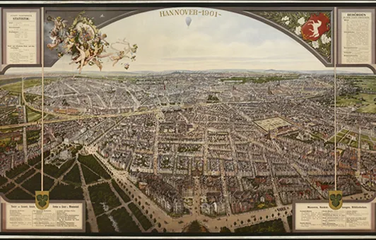 Gesamtansicht Hannover 1901. Blick aus der Vogelschau von Osten. Chromolithografie nach einer Zeichnung von Carl Grote.