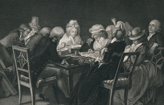 „Abendkreis der Herzogin Amalie“ Abendgesellschaft, einschließlich Goethe (von hinten) und Herder. Um einen Tisch versammelt, beim Zeichnen, Lesen, Sticken etc.