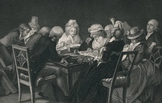 „Abendkreis der Herzogin Amalie“ Abendgesellschaft, einschließlich Goethe (von hinten) und Herder. Um einen Tisch versammelt, beim Zeichnen, Lesen, Sticken etc.