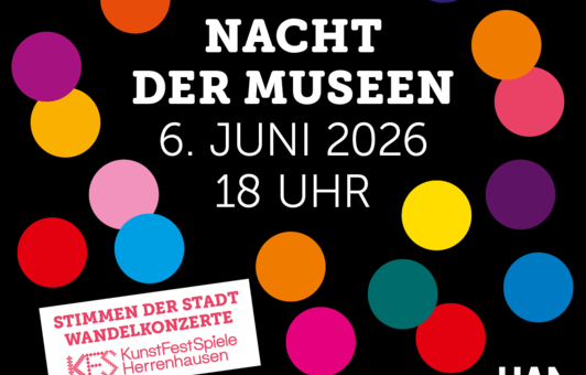 Werbung für Nacht der Museen, schwarzer Grund, bunte Kreise, Schriftzug Nacht der Museen