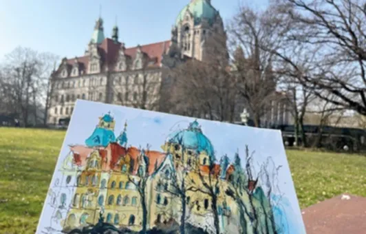 Zeichnung vom Neuen Rathaus, im Hintergrund das Neue Rathaus