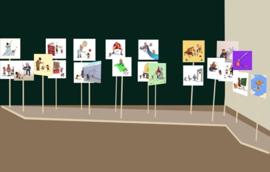 Präsentation von Cartoons im Hannover Kiosk, quadratische Bilder ausgestellt auf Stangen