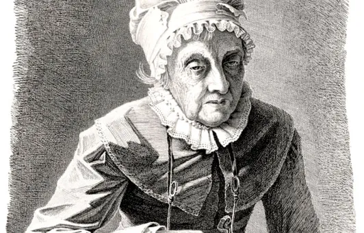 Caroline Herschel (16.3.1750 bis 9.1.1848), Astronomin, im Alter von 97 Jahren. Kupferstich von G. Busse, 1847