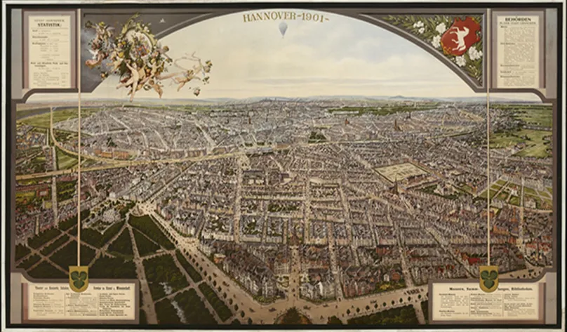 Gesamtansicht Hannover 1901. Blick aus der Vogelschau von Osten. Chromolithografie nach einer Zeichnung von Carl Grote.