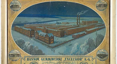 Gerahmtes Innenraumplakat der „Hannoversche Gummiwerke Excelsior AG“ in Limmer im Winter. Chromolithographie. Werksansicht,  im Winter bei Nacht. 
Vorlage von Hans Rudolf Schulze (1870-1951, Maler und Illustrator), gedruckt bei Druckerei Büxenstein, Berlin.