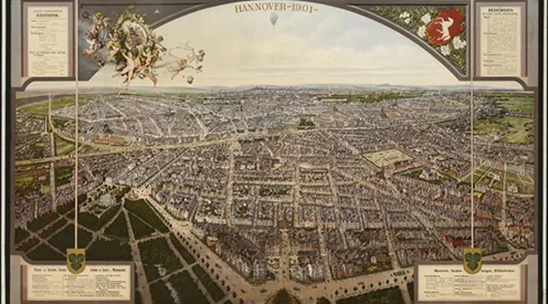 Gesamtansicht Hannover 1901. Blick aus der Vogelschau von Osten. Chromolithografie nach einer Zeichnung von Carl Grote.