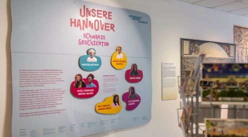 Tafel mit den Porträts der Ausstellungskurator*innen