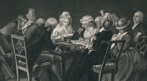 „Abendkreis der Herzogin Amalie“ Abendgesellschaft, einschließlich Goethe (von hinten) und Herder. Um einen Tisch versammelt, beim Zeichnen, Lesen, Sticken etc.