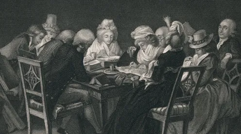 „Abendkreis der Herzogin Amalie“ Abendgesellschaft, einschließlich Goethe (von hinten) und Herder. Um einen Tisch versammelt, beim Zeichnen, Lesen, Sticken etc.