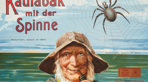 Ausschnitt aus dem Werbeplakat der Firma A.L. Bruns & Söhne mit Pfeiferauchendem Seemann vor dem Meer. 
Kautabak mit der Spinne, 1820.