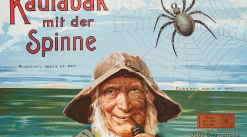 Ausschnitt aus dem Werbeplakat der Firma A.L. Bruns & Söhne mit Pfeiferauchendem Seemann vor dem Meer. 
Kautabak mit der Spinne, 1820.