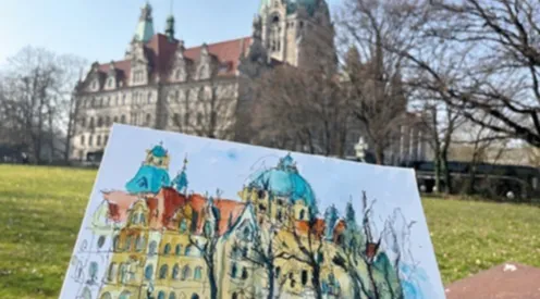 Zeichnung vom Neuen Rathaus, im Hintergrund das Neue Rathaus
