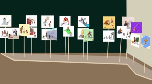Präsentation von Cartoons im Hannover Kiosk, quadratische Bilder ausgestellt auf Stangen