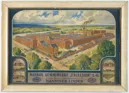 Gerahmtes Innenraumplakat der &bdquo;Hannoversche Gummiwerke Excelsior AG&ldquo; in Limmer im Sommer. Chromolithographie. Werksansicht, im Winter bei Nacht.
Vorlage von Hans Rudolf Schulze (1870-1951, Maler und Illustrator), gedruckt bei Druckerei B&uuml;xenstein, Berlin.